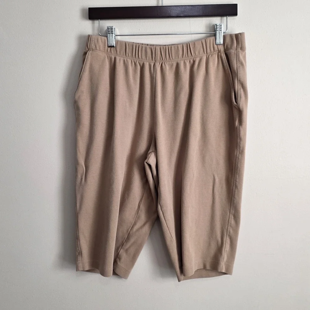 Lands End Casual Tees +‎ Short Set Women Medium Petite Blue Tan Striped Pockets